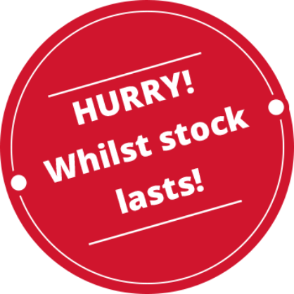 Red sticker with hurry whilst stock lasts writing in white